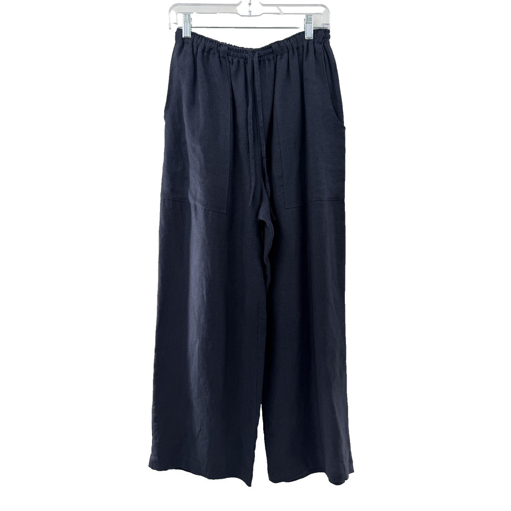 Eskandar Patch Pocket Drawstring Pants Navy Blue 100% Linen Size 0 Small England